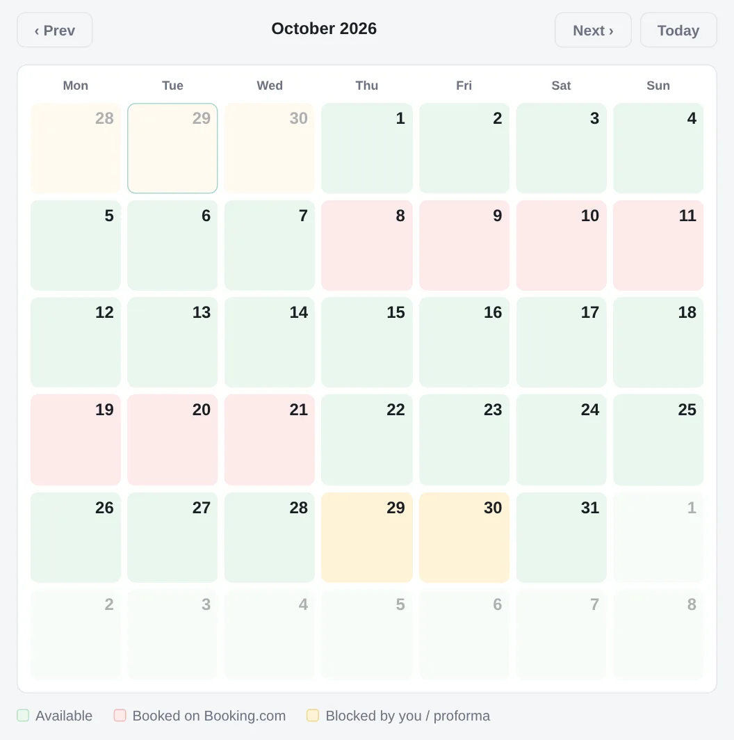 Calendarul: date rezervate pe Booking.com și blocate în Arova