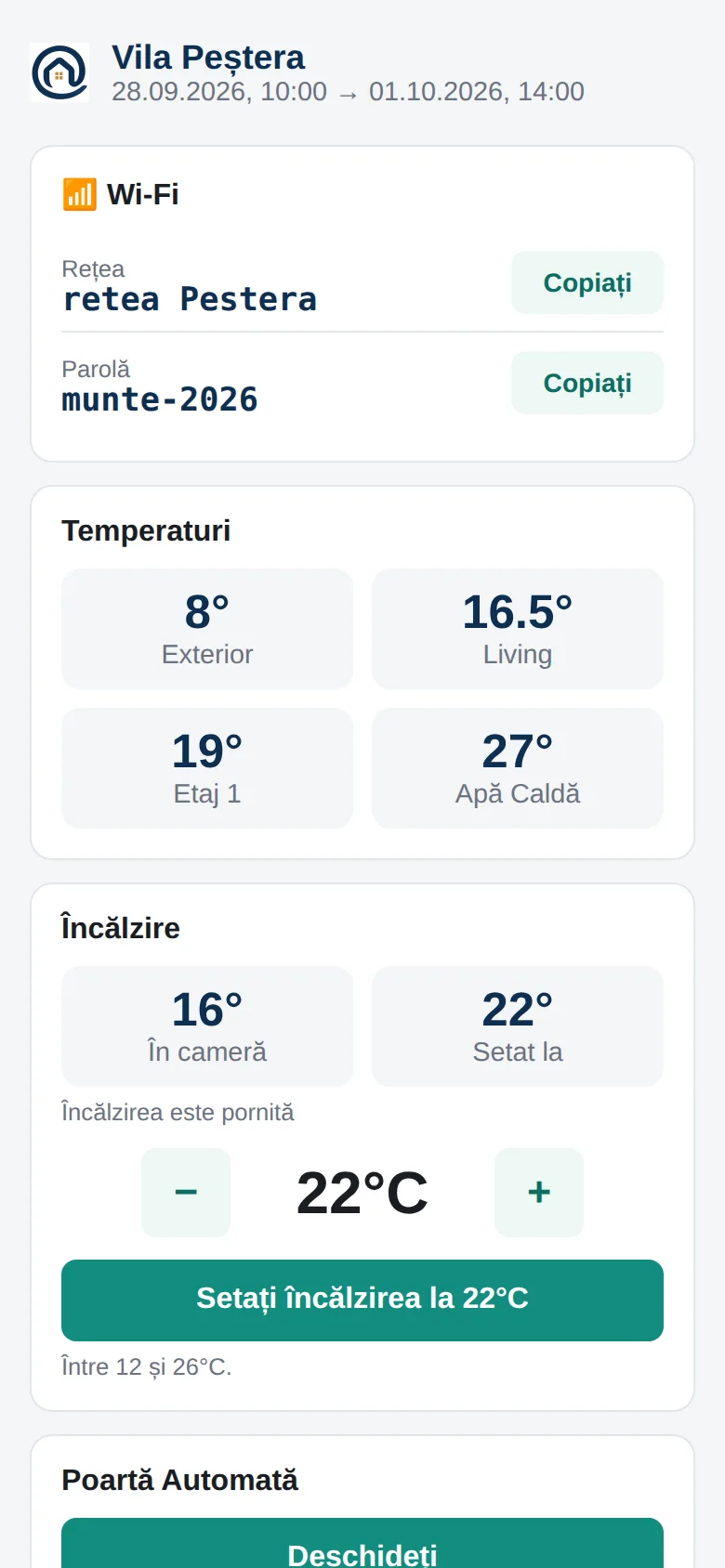 Pagina Smart Guest Home a unui oaspete, în română: Wi-Fi, temperaturi și căldură