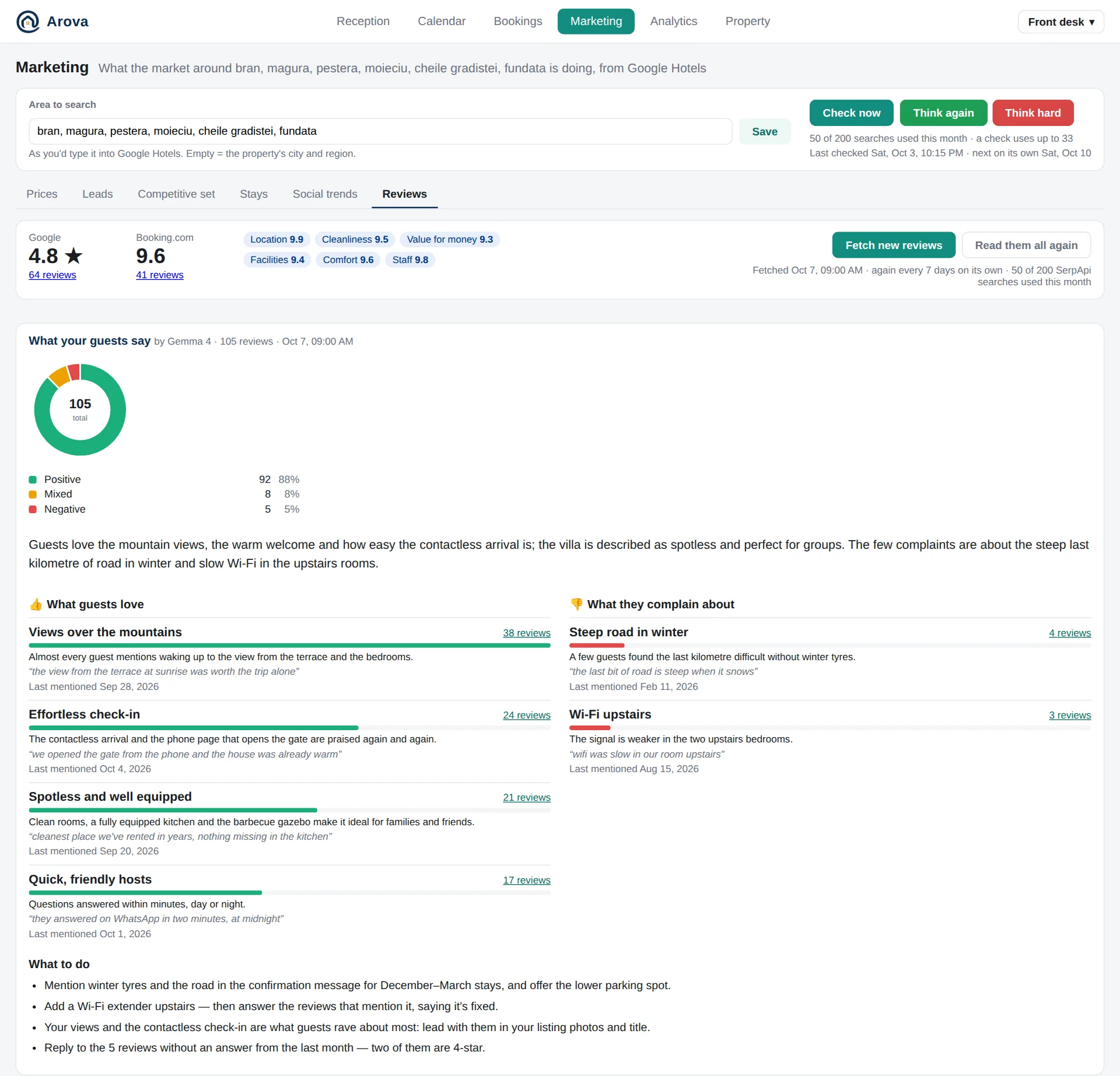 Marketing → Recenzii: note, ponderea recenziilor pozitive, ce le place și de ce se plâng oaspeții, ce e de făcut