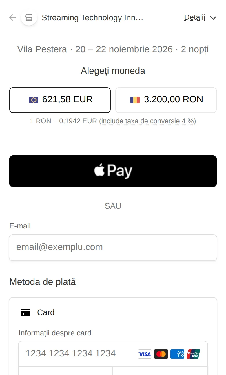 Pagina de plată Stripe pe telefon: Apple Pay sau card