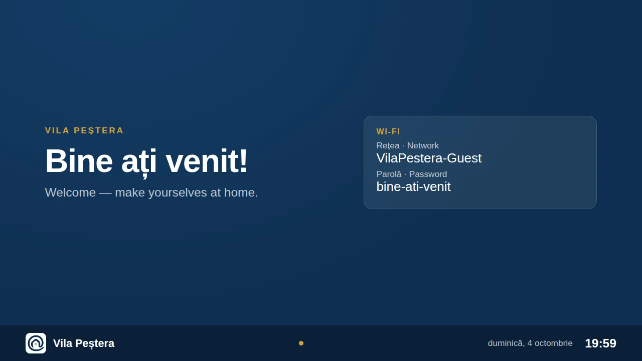 Slide-ul de bun venit, cu rețeaua Wi-Fi și parola